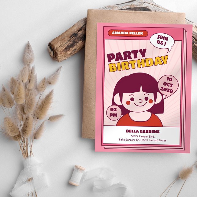Cute Cartoon Girl Birthday Party Invitation (Creator Uploaded)
