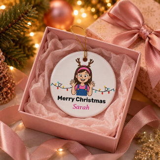 Cute Cartoon Girl Merry Christmas Holiday Ceramic Ornament