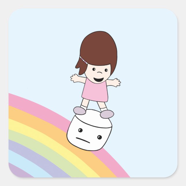 Cute Cartoon Girl on Rainbow w Marshmallow Sticker (Front)