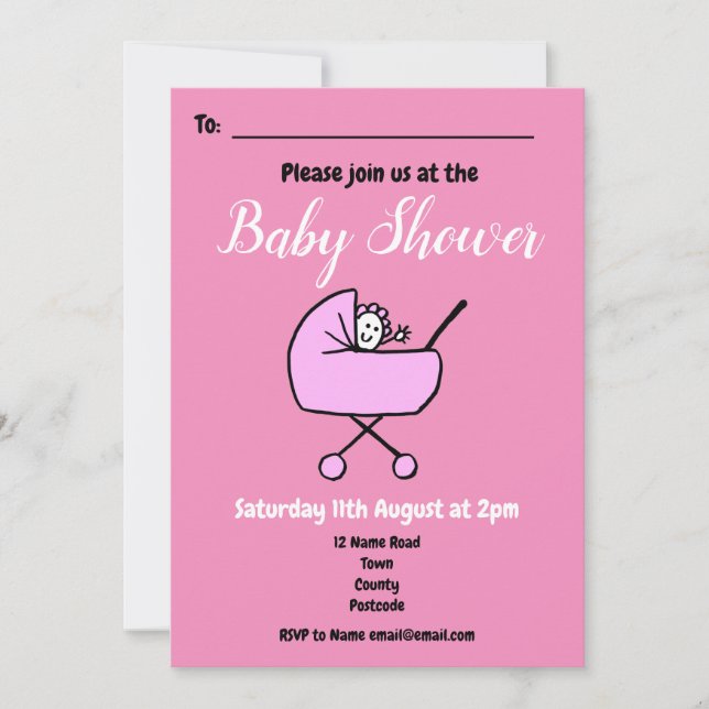 Cute Cartoon Girl Pink Baby Shower Invitation (Front)