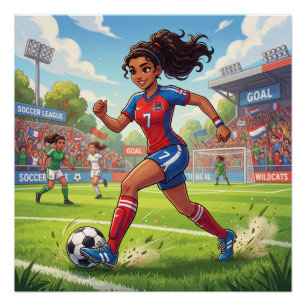 Cute Cartoon Girl Playing Soccer Football Poster