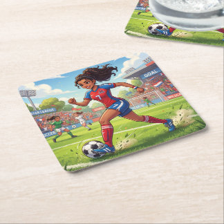Cute Cartoon Girl Playing Soccer Football Square Paper Coaster