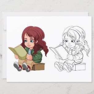 Cute Cartoon girl reading book colouring page