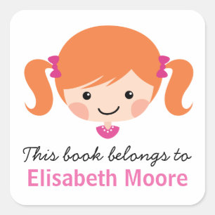 Cute cartoon girl red hair personalised bookplate square sticker