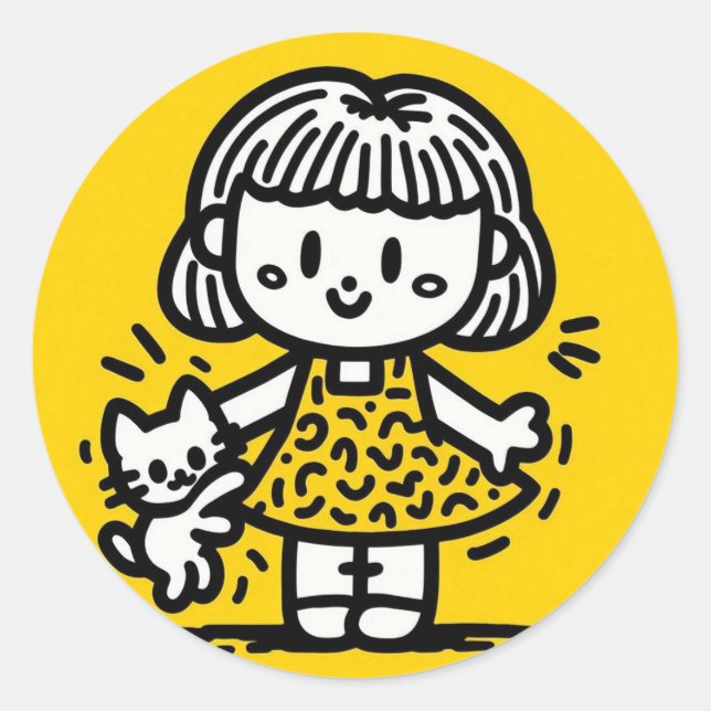Cute Cartoon Girl with Kitten in Keith Haring Styl Classic Round Sticker (Front)