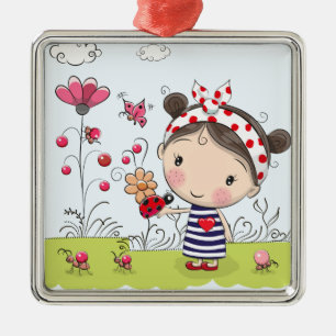 Cute Cartoon Girl with Ladybug in Garden Scene Metal Tree Decoration