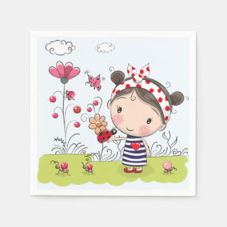 Cute Cartoon Girl with Ladybug in Garden Scene Napkin