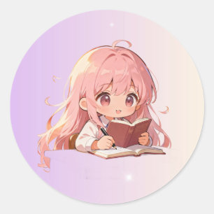 Cute Cartoon Girl Writing on a Book . Classic Round Sticker