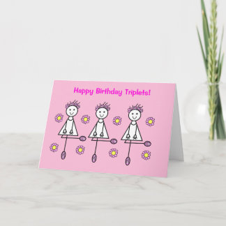 Cute Cartoon Girls Triplets Pink Birthday Card