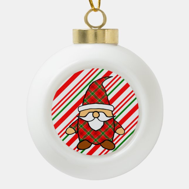 Cute Cartoon Gnome Candy Cane Drawing Ceramic Ball Christmas Ornament (Front)