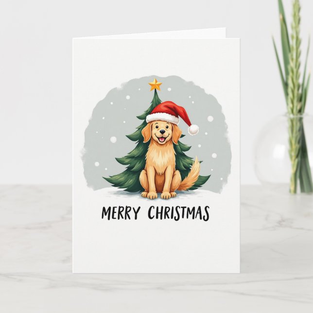 Cute Cartoon Golden Retriever in Santa Hat Card (Front)