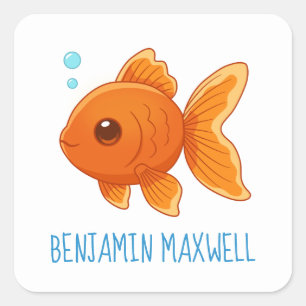 Cute Cartoon Goldfish Custom Name Square Sticker