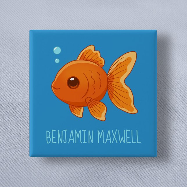 Cute Cartoon Goldfish on Blue Custom Name 15 Cm Square Badge (Creator Uploaded)