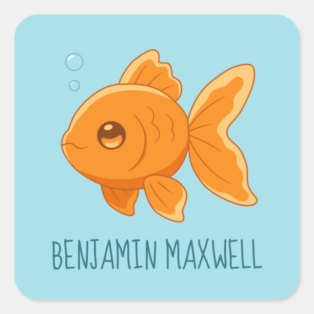 Cute Cartoon Goldfish on Blue Custom Name Square Sticker (Front)