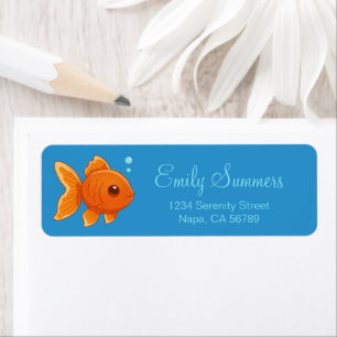 Cute Cartoon Goldfish on Blue Return Address Label