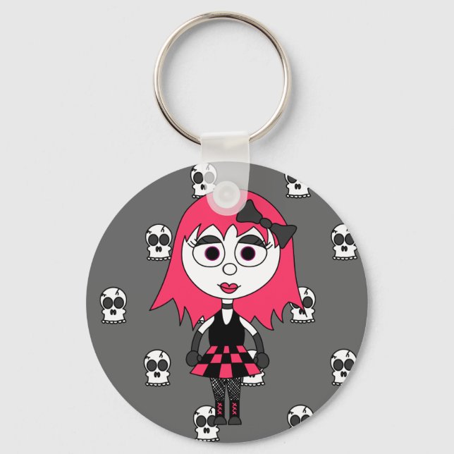 Cute Cartoon Goth Girl And Skulls Keychain (Front)