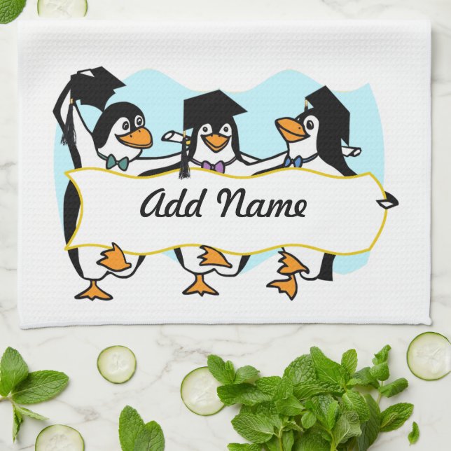 Cute Cartoon Graduating Penguins w/Banner Tea Towel (Folded)