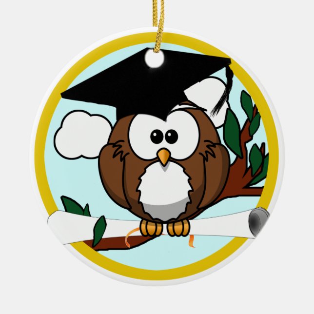 Cute Cartoon Graduation Owl With Cap & Diploma Ceramic Tree Decoration (Front)