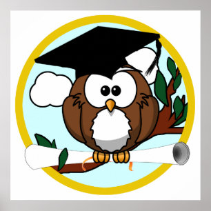 Cute Cartoon Graduation Owl With Cap & Diploma Poster