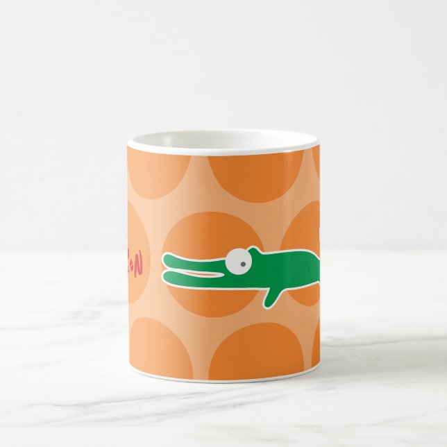 Cute Cartoon Green Alligator & Dots Fun Children's Coffee Mug (Center)