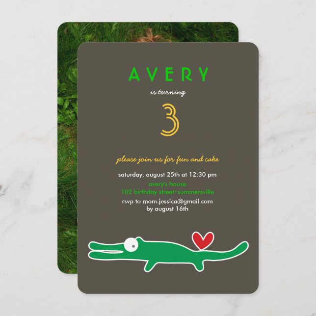 Cute Cartoon Green Alligator Kid's Birthday Photo Invitation (Front/Back)