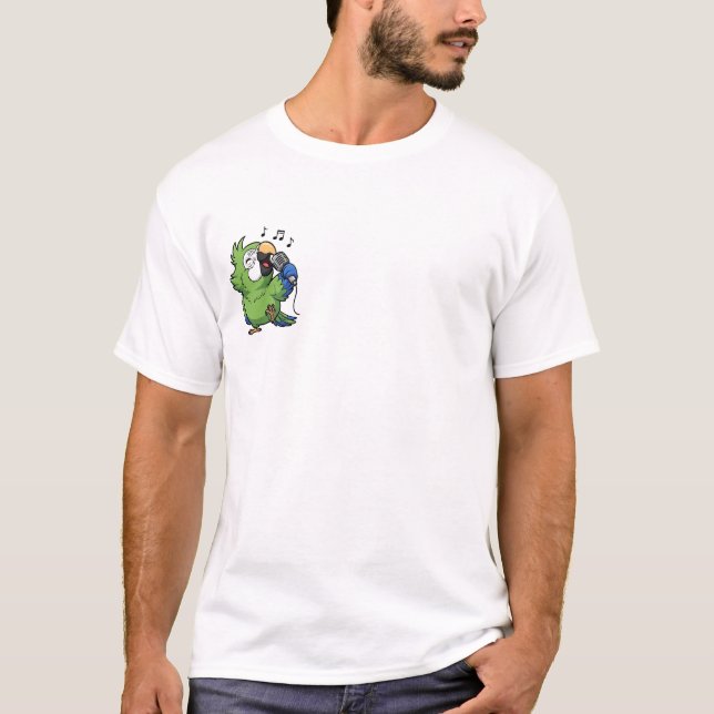 Cute Cartoon Green Parrot Singing with Microphone T-Shirt (Front)