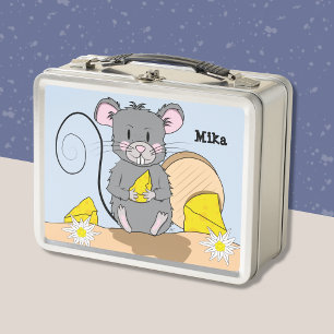 Cute Cartoon Grey Mouse Eating Cheese Kid Lunchbox