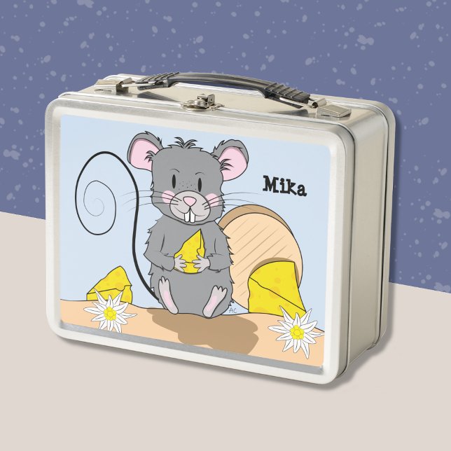 Cute Cartoon Grey Mouse Eating Cheese Kid Lunchbox (Cute cartoon mouse eating cheese kid lunch box .)