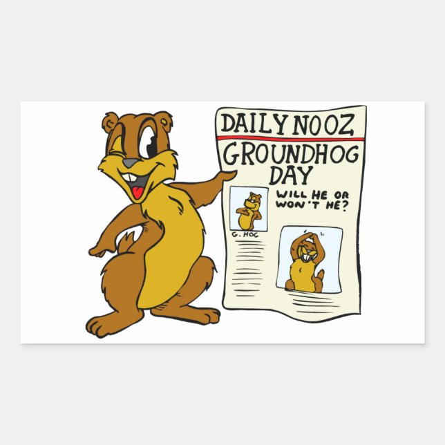 Cute Cartoon Groundhog w/ Groundhog Day Newpaper Rectangular Sticker (Front)