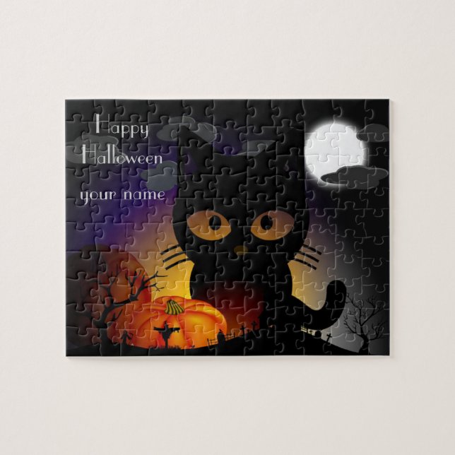 Cute Cartoon Halloween Black Cat Jigsaw Puzzle (Horizontal)