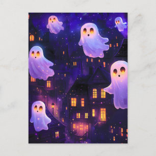 Cute Cartoon Halloween Midnight Flying Ghosts Announcement Postcard