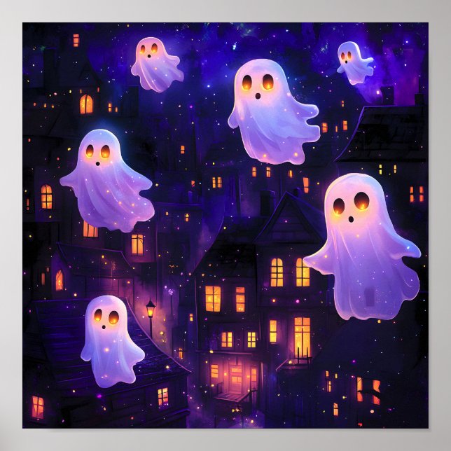 Cute Cartoon Halloween Midnight Flying Ghosts Poster (Front)