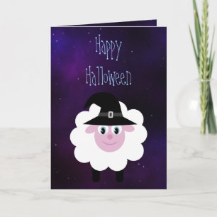 Cute Cartoon Halloween Sheep Blue Starry Night Card