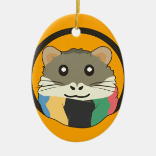 Cute cartoon hamster with a multicolored scarf ceramic ornament