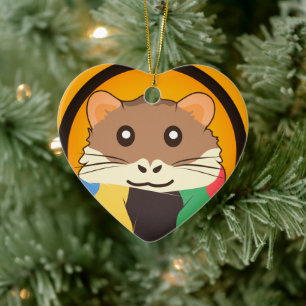 Cute cartoon hamster with a multicolored scarf ceramic ornament