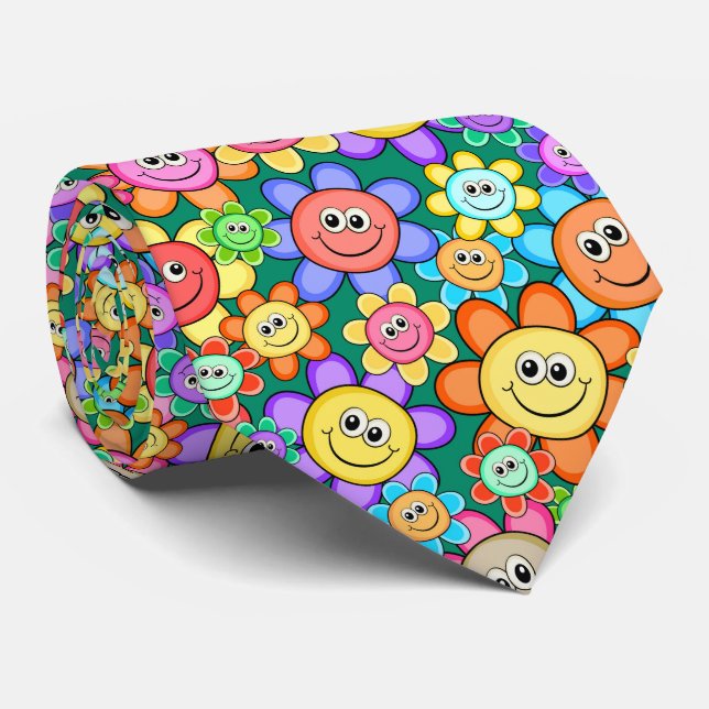 Cute Cartoon Happy Flowers Floral Pattern Tie (Rolled)