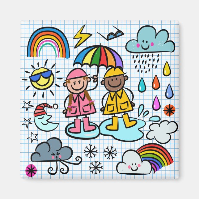 Cute Cartoon Happy Kids Weather Doodles  Magnet (Front)