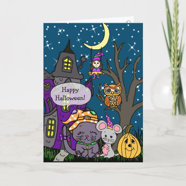 Cute Cartoon Haunted House Card (Front)