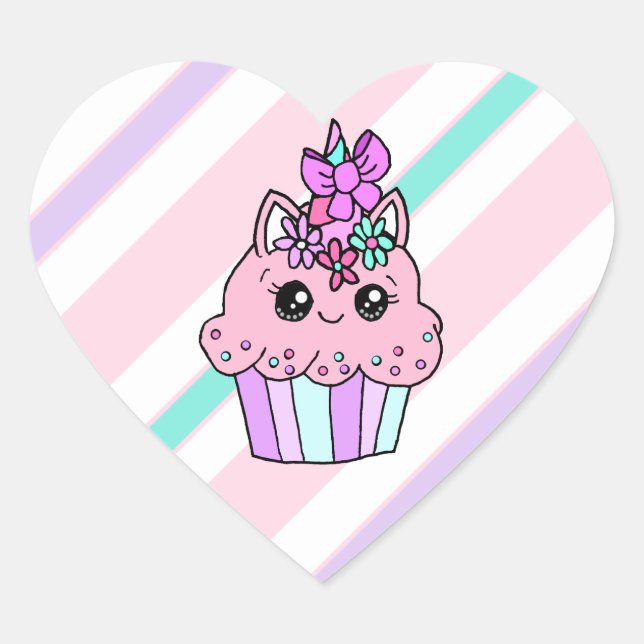 Cute Cartoon Heart Unicorn Cupcake Sticker (Front)