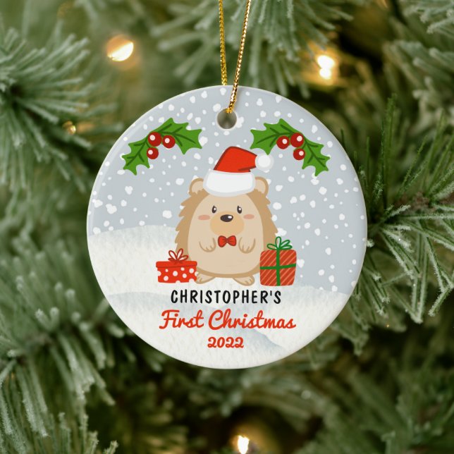 Cute Cartoon Hedgehog Baby's First Christmas Photo Ceramic Ornament (Tree)