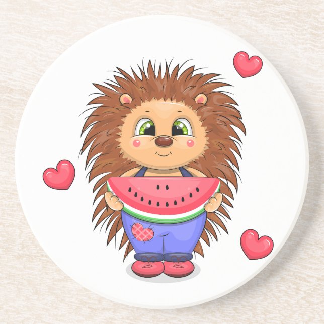 Cute cartoon hedgehog with watermelon. coaster (Front)