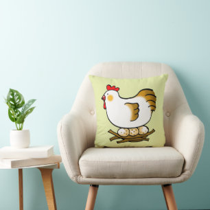 Cute Cartoon Hen on Nest with Farm Eggs Cushion