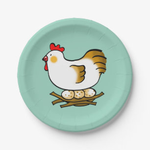 Cute Cartoon Hen on Nest with Farm Eggs Paper Plate