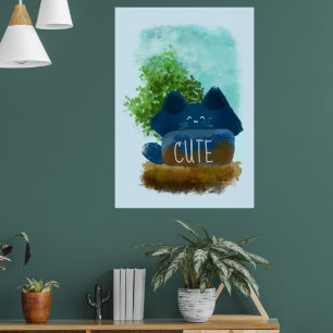 Cute Cartoon Hidden Fluffy Blue Cat Poster