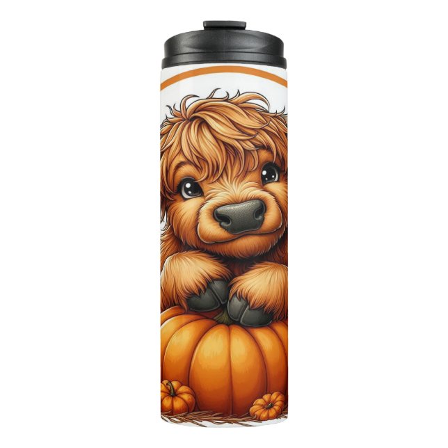 Cute Cartoon Highland Cow with Pumpkins  Thermal Tumbler (Front)