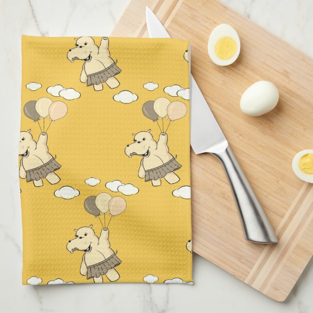 Cute Cartoon Hippo Flying With Balloons Tea Towel (Quarter Fold)
