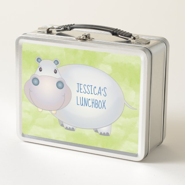 Cute Cartoon Hippo Hippopotamus Personalised Metal Lunch Box (Front)