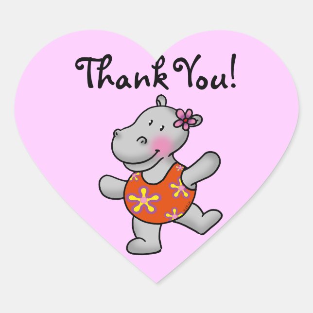 Cute cartoon hippo thank you heart sticker (Front)