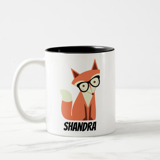 Cute Cartoon Hipster Fox With Glasses, Name Two-Tone Coffee Mug (Left)