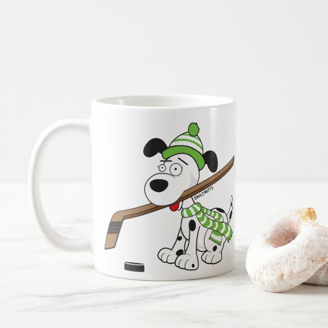 Cute Cartoon Hockey Dog Green Scarf and Hat Coffee Mug (With Donut)